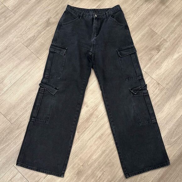 Wide Leg Cargo Black Pants Relaxed Baggy High Waist Jeans - Picture 1 of 8